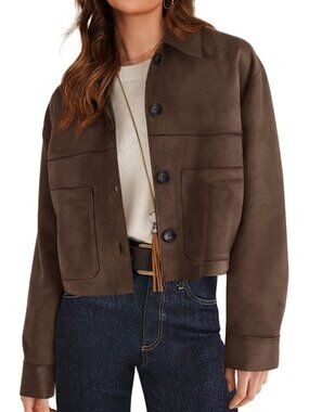 Women's Faux Suede Cropped Jacket Fall Fashion Winter Coats Outerwear Dark Brown